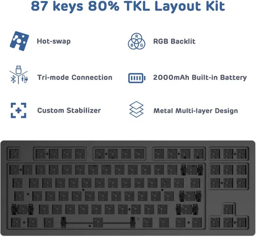 Vista 3 de Teclado mecánico modular RGB de 87 teclas, 80% TKL 5.02.4Gteclado para juegos con cable, kit de bricolaje, enchufes de interruptor de intercambio
