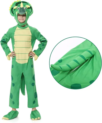 Vista 4 de LIZHOUMIL Disfraz de dinosaurio de Halloween, disfraz de Triceratops de lujo, color naranja para niños