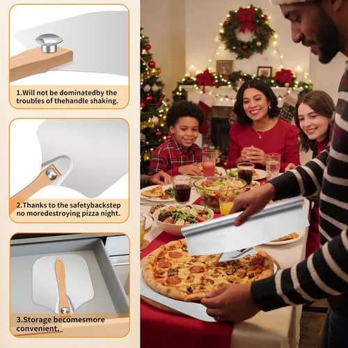 Vista 4 de MOVNO - Espátula de aluminio para pizza, pala de pizza de metal de 12 pulgadas (12 x 14 pulgadas) con cortador basculante, mango de madera plegable
