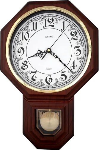 Vista 29 de JUSTIME Reloj de pared clásico vintage tradicional de estilo Schoolhouse, con péndulo y melodía Westminter cada hora, relojes de pared con melodía