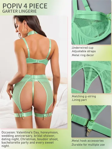 Vista 2 de Dlsave Conjunto de lencería sexy de 4 piezas para mujer de malla transparente de encaje y liguero con gargantilla