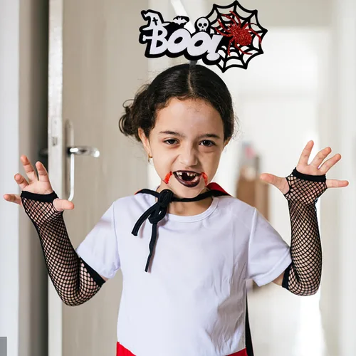 Vista 4 de TIMMOKO Diademas de Halloween para mujeres y niños, tela de araña negra, araña roja, blanco, murciélago, calavera, disfraz de fiesta de Halloween