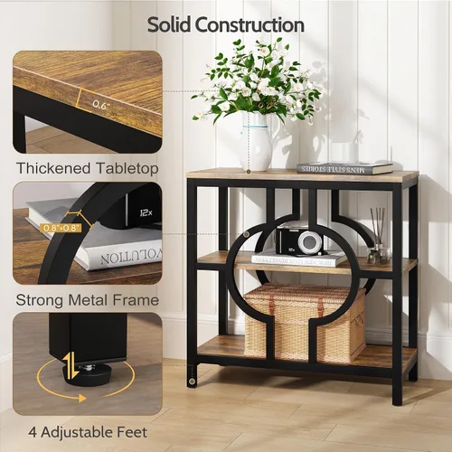 Vista 7 de Mesa auxiliar, mesa auxiliar estrecha con estantes de almacenamiento de 3 niveles, mesa auxiliar de sofá de madera con marco de metal geométrico