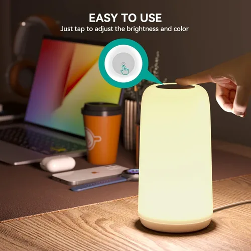 Vista 6 de Lámpara LED táctil para mesita de noche, [diseño elegante y modo RGB] multicolor regulable con luces blancas cálidas, regalos de cumpleaños