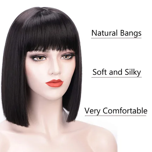 Vista 4 de Pelucas estilo melena corta para las mujeres, corto recto, linda peluca natural, resistente al calor, sintética, pelucas para fiesta, uso diario
