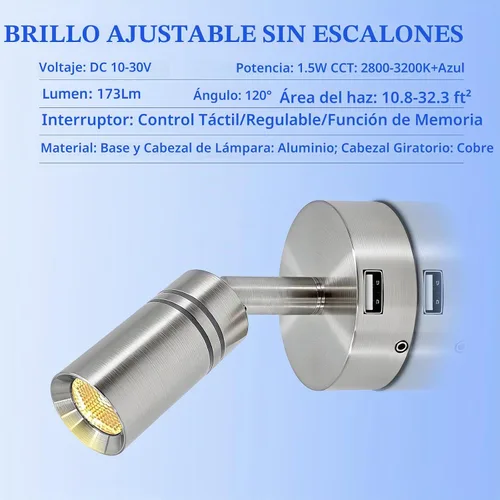 Vista 4 de THALASSA Lámpara de lectura LED interior de RV de 12V con puerto USB de 5V - Interruptor táctil integrado, brillo regulable, montaje en superficie