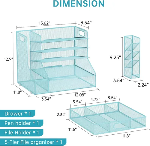 Vista 6 de SUPEASY Organizador de escritorio con soporte para archivos, organizador de bandeja de papel de malla de 5 niveles con soporte para bolígrafo y Azul