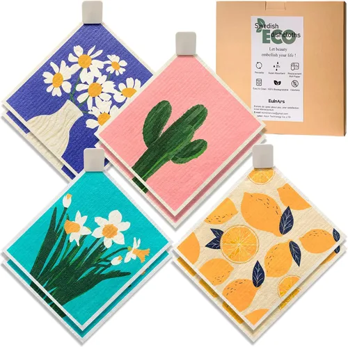 Vista 20 de Eulnars - Toallas de papel reutilizables, paquete de 8 paños de cocina suecos con 3 clips, negro y blanco, algodón, 200 lavados Negro Blanco