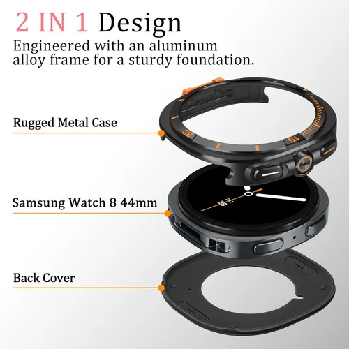 Vista 3 de Amizee Funda de metal compatible con Samsung Galaxy Watch 8 de 1.732 pulgadas con cubierta trasera, funda protectora resistente para Galaxy Watch 8