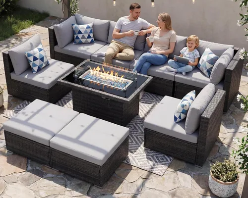 Vista 15 de NICESOUL Juego de muebles de patio de ratán extra grande con mesa para fogata de gas y propano, 29.3 pulgadas, respaldo alto, cómodos conversaciones