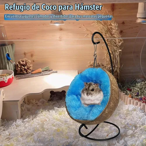 Vista 3 de Fhiny Hamaca escondida de hámster de coco, casa de cama de cáscara de coco cruda natural con almohadilla cálida, decoración de hábitat de animales