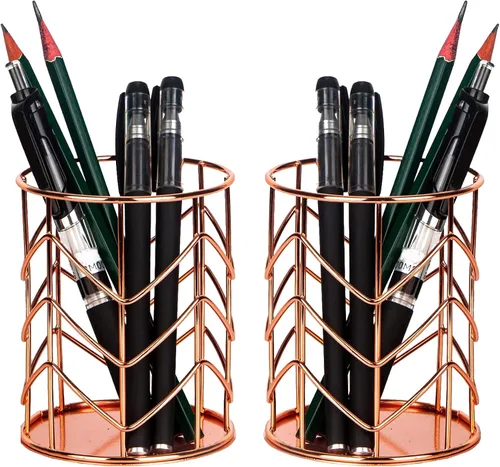 Vista 6 de Soporte para lápices de malla metálica de alambre de oro rosa, soporte para brochas de maquillaje, organizador de bolígrafos, accesorios