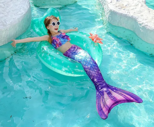 Vista 7 de DNFUN Traje de baño de sirena de 3 piezas para niñas, con cola de sirena, sin monoaleta