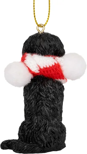 Vista 6 de Perro de agua portugués negro árbol de Navidad ornamento tela caramelo bastón bufanda