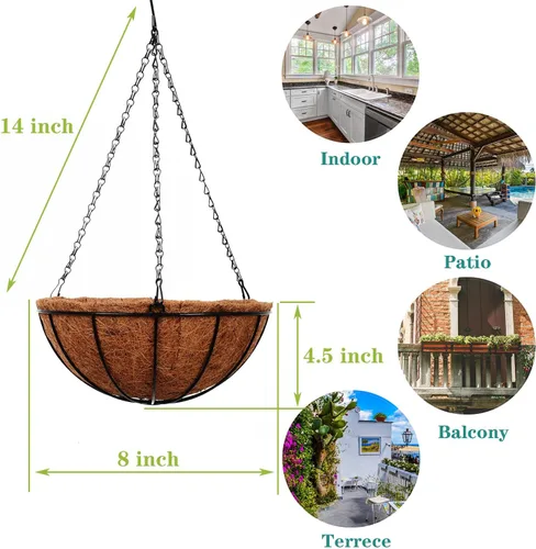 Vista 4 de Cestas colgantes para plantas al aire libre (paquete de 4 unidades de 8 pulgadas), macetas colgantes de coco para exteriores, cestas de alambre