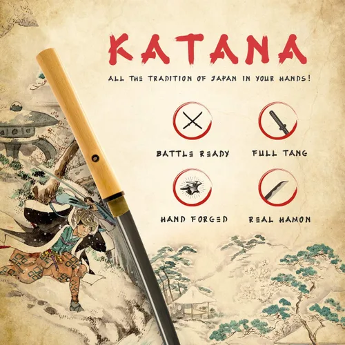 Vista 2 de HMS - Espada japonesa de samurái shirasaya katana, forjada a mano, acero al carbono 1095, templada en arcilla, de espiga completa, afilada Hoja