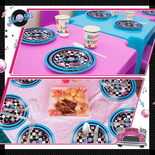 Vista 4 de Yungyan 50 platos temáticos de los años 50 de 9 y 7 pulgadas, platos de postre desechables de los años 50, vajilla de papel de calcetín hop, vajilla