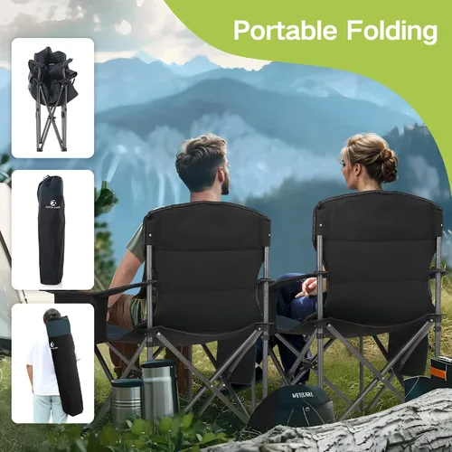 Vista 14 de GREEN PARTY Silla plegable de camping de gran tamaño resistente con bolsa refrigeradora, soporte para tazas, bolsillo de almacenamiento, silla