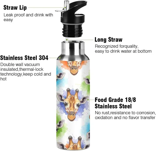 Vista 3 de Watercolor Giraffe Stainless Steel Water Bottle 20 Oz Leakproof Water Bottles, BPA-Free Sport Water Bottle