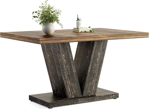 Vista 9 de LITTLE TREE Mesa de comedor de 47 pulgadas para 4, mesas de comedor modernas, mesa de cocina rectangular marrón con pedestal en forma de V, mesa