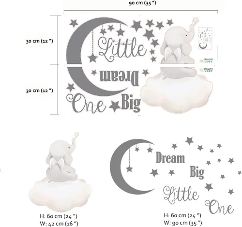 Vista 6 de Runtoo Calcomanías de pared Dream Big Little One con citas inspiradoras de elefante, calcomanías de pared para dormitorio, sala