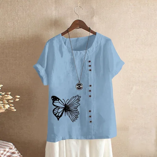Vista 2 de Camisa hawaiana botones Mujer Blusa Estampado mariposas Camisetas Tops Cuello Redondo Manga Corta Túnica Camiseta Lino