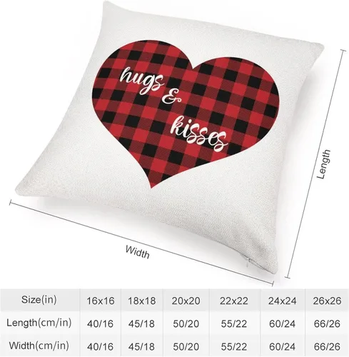 Vista 2 de Red and Black Buffalo Plaid Love Heart Hugs and Kisses Decorative Pillow Cover for Sofa Couch Chair Office Decor 16"x16",Romantic Valentine Pillow