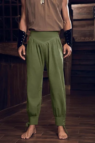 Vista 2 de Pantalones de tobillo medievales para hombre, disfraz de pirata vikingo, renacentista, con cordones, con bandas cónicas
