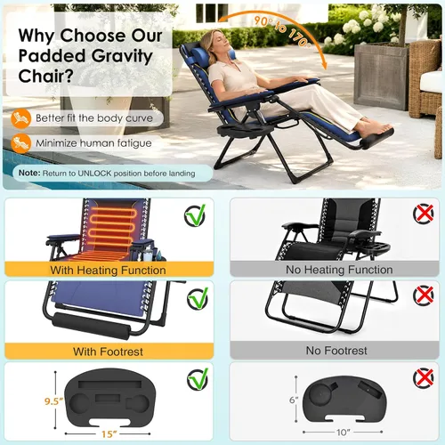 Vista 5 de Suteck Heated Zero Gravity Chair, 400LBS 30.3" Padded Antigravity Chairs Blue