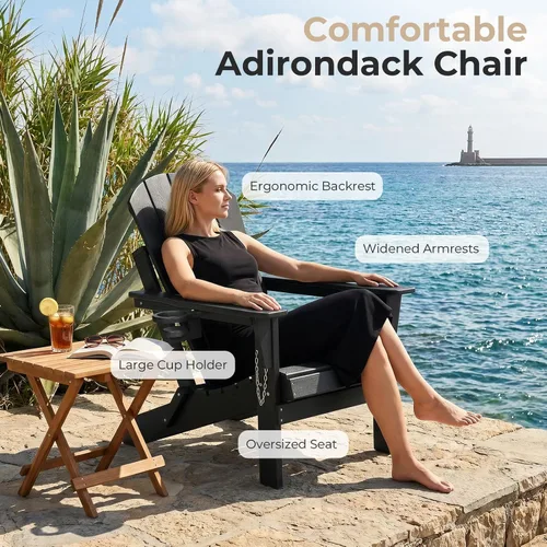 Vista 5 de Silla Adirondack plegable de HDPE, silla de patio al aire libre con soporte para tazas, silla de césped de grano de madera resistente a