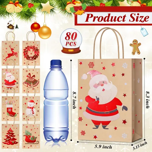 Vista 5 de Yeaqee 80 piezas - bolsas de regalo de Navidad - tamaño pequeño - Merry Christmas Xmas - bolsas de regalo de Navidad con asas - bolsas de papel