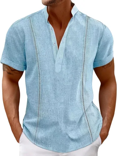 Vista 6 de Camisa de guayabera cubana para hombre, camisa polo de manga corta para hombre, con botones, color liso, camiseta transpirable para playa y verano
