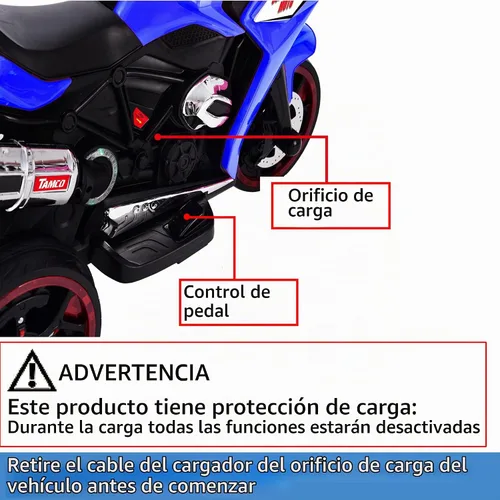 Vista 5 de TAMCO - Motocicleta eléctrica para niños con 3 ruedas, recargable, con ruedas ligeras (azul)