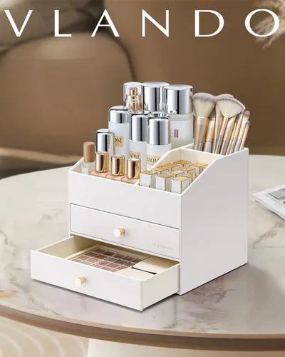 Vista 9 de VLANDO Organizador de maquillaje de 3 capas con 2 cajones grandes para A. Blanco