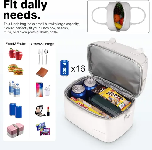Vista 2 de BALORAY Bolsa de almuerzo para mujeres y hombres, lonchera de doble cubierta para adultos, bolsa de almuerzo de piel sintética, bolsas de almuerzo