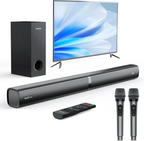 Vista 11 de Barra de sonido con subwoofer para TV, sistema de altavoces Bluetooth 5.3 con 2 micrófonos inalámbricos de karaoke, audio de sonido envolvente