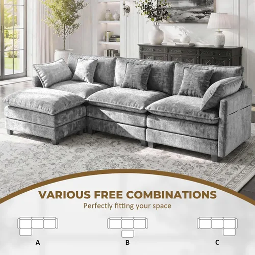 Vista 3 de LEVELEVE Sofá modular en forma de L de 112 pulgadas con 1 otomana, cama convertible de nube de asiento profundo, 3 cojines de 2 brazos, muebles Gris