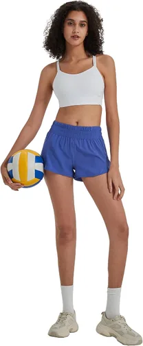 Vista 6 de Pantalones cortos de correr para mujer, de secado rápido, para entrenamiento, deportes, correr, con bolsillos elásticos y con cierre