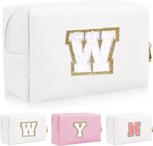 Vista 37 de Bolsa de maquillaje con parche de letra inicial personalizada, bolsa de cosméticos de chenilla preppy con letra de chenilla con cremallera, Y