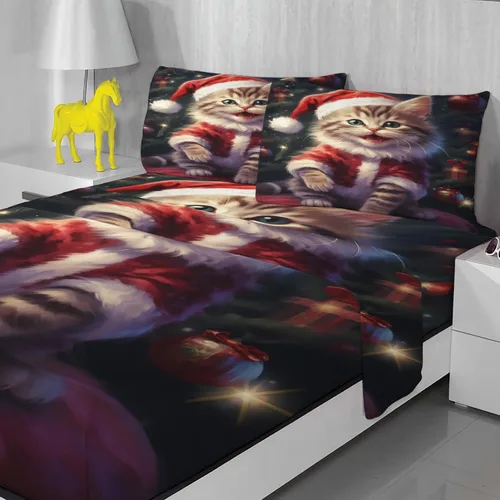 Vista 2 de Sábanas de gato tamaño individual – Sábanas y fundas de almohada de Navidad – 100% microfibra, estampado de alta cantidad de hilos, sábana encimera