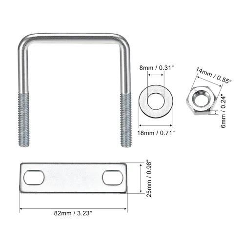 Vista 10 de uxcell Pernos cuadrados en U de 1 "(25 mm) de ancho interior de acero al carbono M8 con tuercas, placa de marco, arandelas redondas, juego de 4