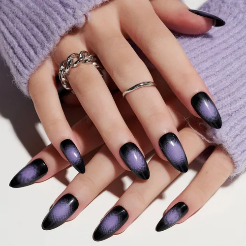 Vista 8 de GLAMERMAID Uñas postizas a presión con forma de almendra mediana, uñas de gel con punta francesa estilo gótico negro ombré, uñas postizas acrílicas