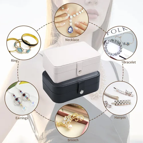 Vista 4 de SMFANLIN Organizador de caja de joyería 2 piezas pequeño estuche de almacenamiento de joyas de piel sintética de viaje con placa de aretes caja