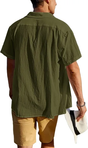 Vista 3 de COOFANDY Camisas de lino de algodón para hombre, ajuste relajado, manga corta, camisa con botones, plisada, guayabera