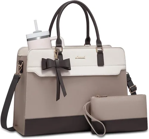 Vista 9 de LOVEVOOK Bolso para laptop de mano para mujer, bolso de trabajo de cuero, bolso de negocios impermeable para profesora, bolso de mano grande