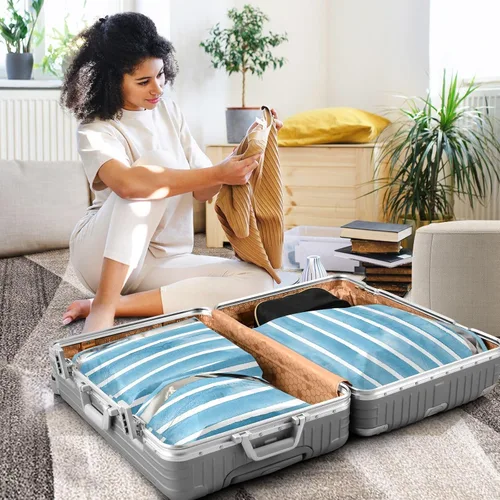 Vista 5 de Bolsa de ropa para almacenamiento de armario, ahorro de espacio de equipaje, rayas azules y verde azulado sobre blanco, impermeable, juego de 3