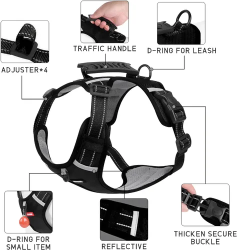 Vista 3 de Arnés para perro sin tirones, ajustable, reflectante, suave, acolchado, arnés de chaleco para perro pequeño, mediano y grande, con asa resistente