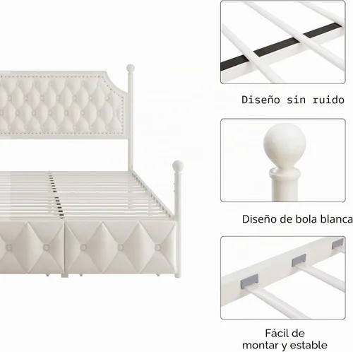 Vista 8 de Keyluv - Marco de cama con dosel tapizado tamaño King con 3 cajones y cabecera tapizada con botones, cama de plataforma metálica con 4 postes Beige