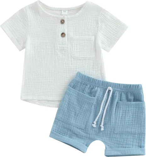 Vista 48 de fhutpw Conjunto de 2 piezas de ropa de verano para bebés, camiseta de manga corta, cintura elástica, pantalones cortos para niños pequeños