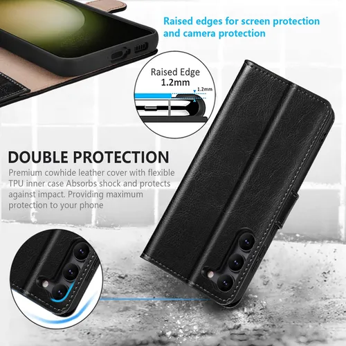 Vista 4 de Belemay Funda tipo cartera para Samsung Galaxy S24 – Funda protectora de piel auténtica con tapa – Tarjeteros con bloqueo RFID – Funda para teléfono